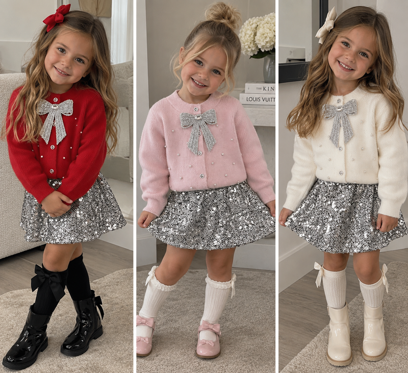 Toddler Kids Girls Knitted Cardigan and Skirt Set Bow