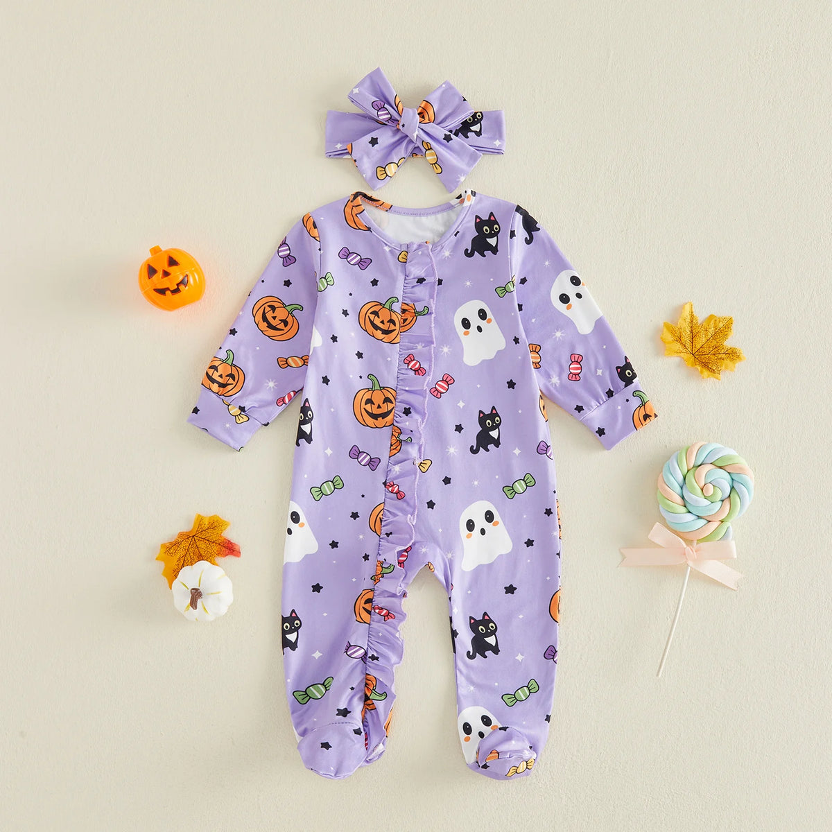Baby Girls Halloween Footed Romper and Headband Set