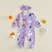 Baby Girls Halloween Footed Romper and Headband Set