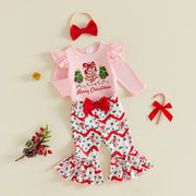 Baby Girls Christmas Romper and Flared Pants Set with Headband