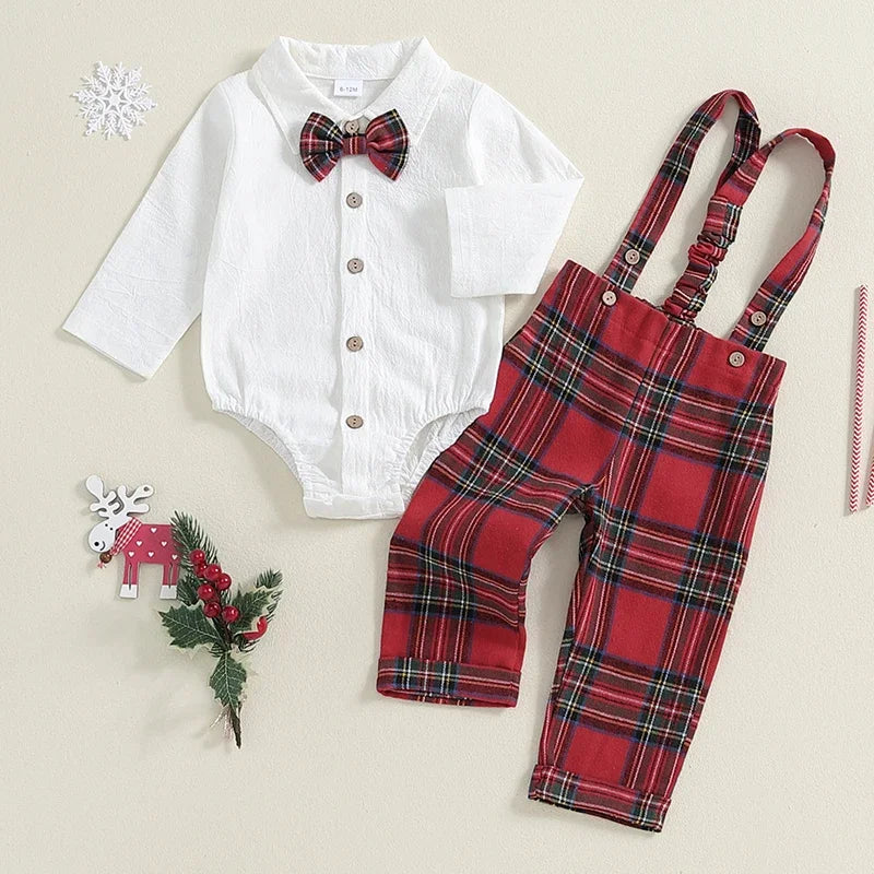 Toddler Boys Christmas Romper and Suspender Pants Set with Bow Tie