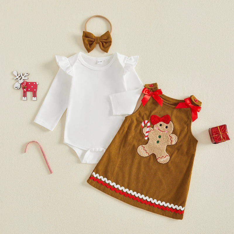 Baby Girls Christmas Romper and Overall Dress Set Gingerbread Embroidery
