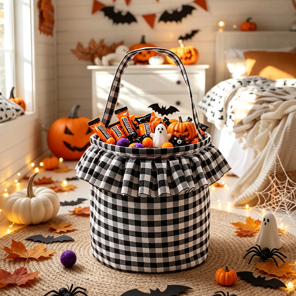 Halloween Checkered Pleated Trick-or-Treat Candy Storage Basket