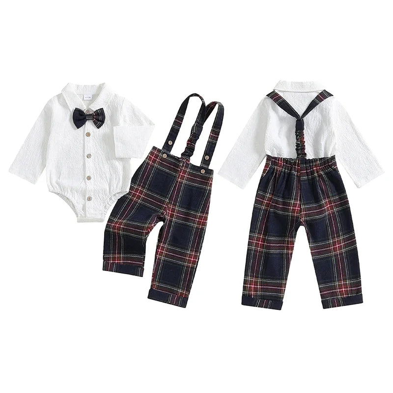 Toddler Boys Christmas Romper and Suspender Pants Set with Bow Tie