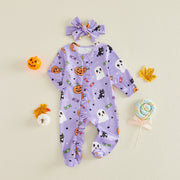 Baby Girls Halloween Footed Romper and Headband Set