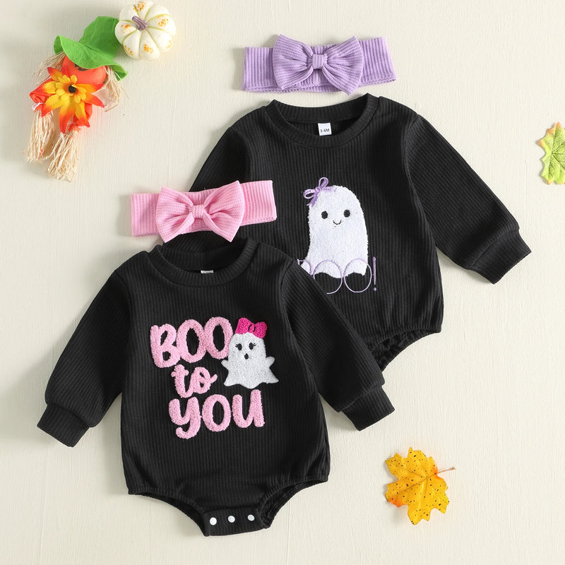 Baby Girls Halloween Romper and Headband Set Ghost Embroidery