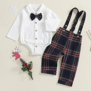 Toddler Boys Christmas Romper and Suspender Pants Set with Bow Tie