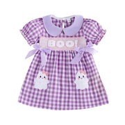 Toddler Girls Halloween Plaid Dress Ghost Embroidery