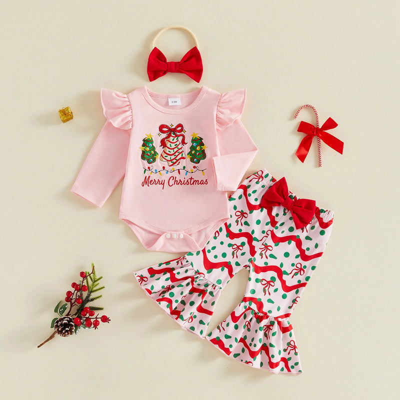 Baby Girls Christmas Romper and Flared Pants Set with Headband