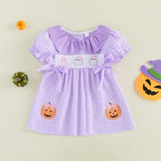 Toddler Girls Halloween Plaid Dress Ghost Embroidery