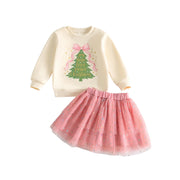 Toddler Baby Girls Christmas Sweatshirt and Skirt Set with Headband
