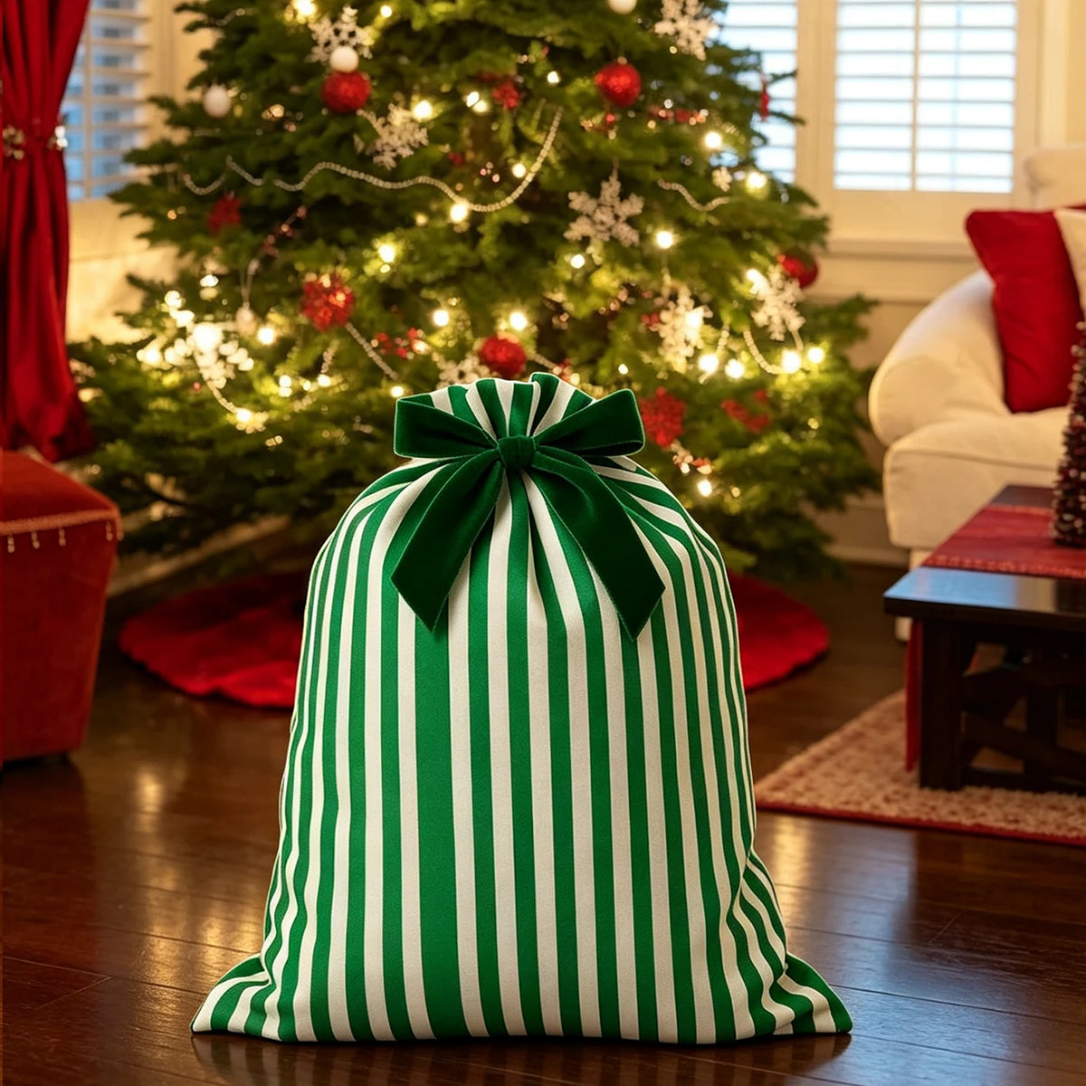 Christmas Striped Drawstring Present Storage Bag