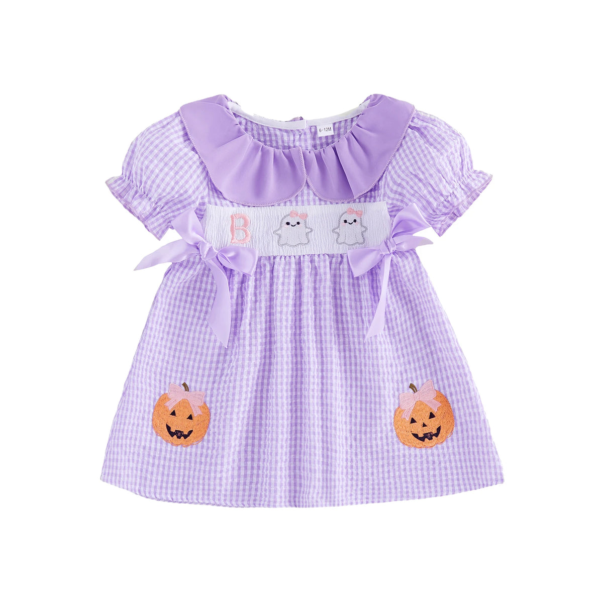 Toddler Girls Halloween Plaid Dress Ghost Embroidery