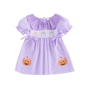 Toddler Girls Halloween Plaid Dress Ghost Embroidery