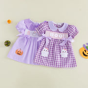 Toddler Girls Halloween Plaid Dress Ghost Embroidery