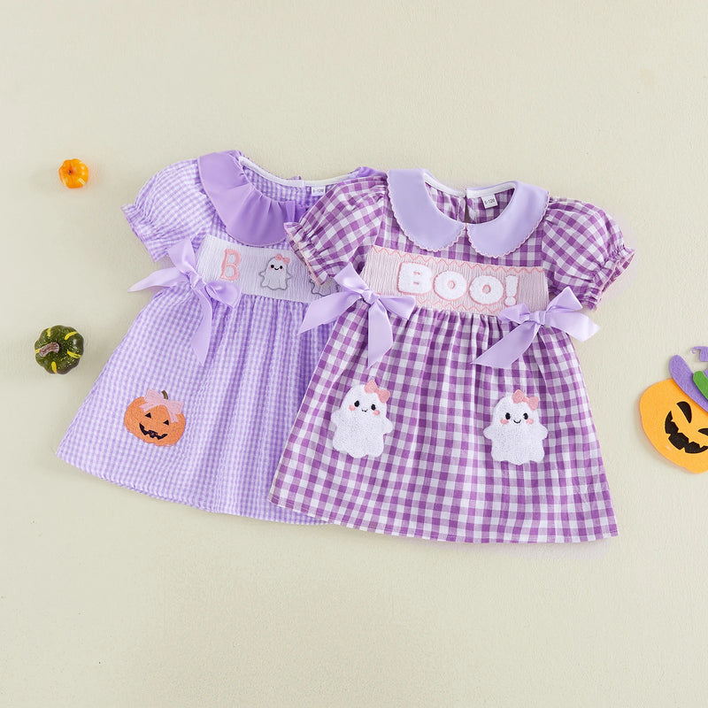 Toddler Girls Halloween Plaid Dress Ghost Embroidery