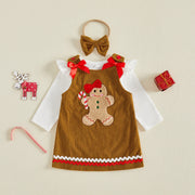 Baby Girls Christmas Romper and Overall Dress Set Gingerbread Embroidery