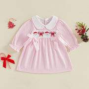 Toddler Girls Christmas Stripe Dress Embroidery