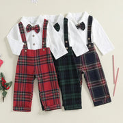 Toddler Boys Christmas Romper and Suspender Pants Set with Bow Tie