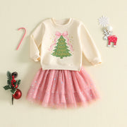 Toddler Baby Girls Christmas Sweatshirt and Skirt Set with Headband