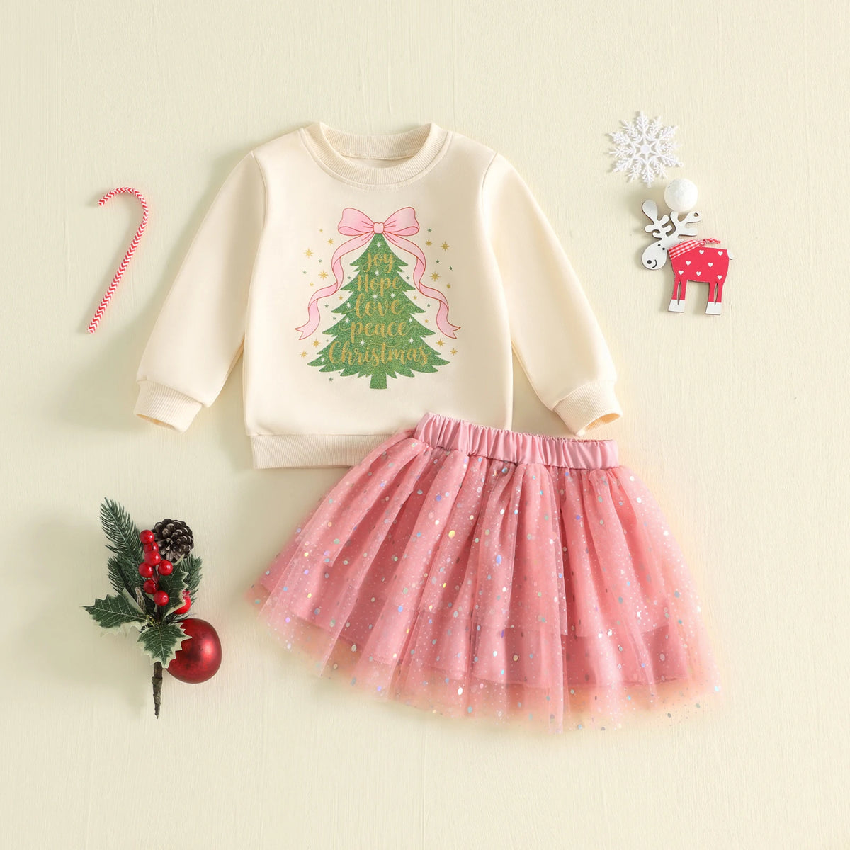 Toddler Baby Girls Christmas Sweatshirt and Skirt Set with Headband