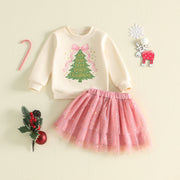 Toddler Baby Girls Christmas Sweatshirt and Skirt Set with Headband