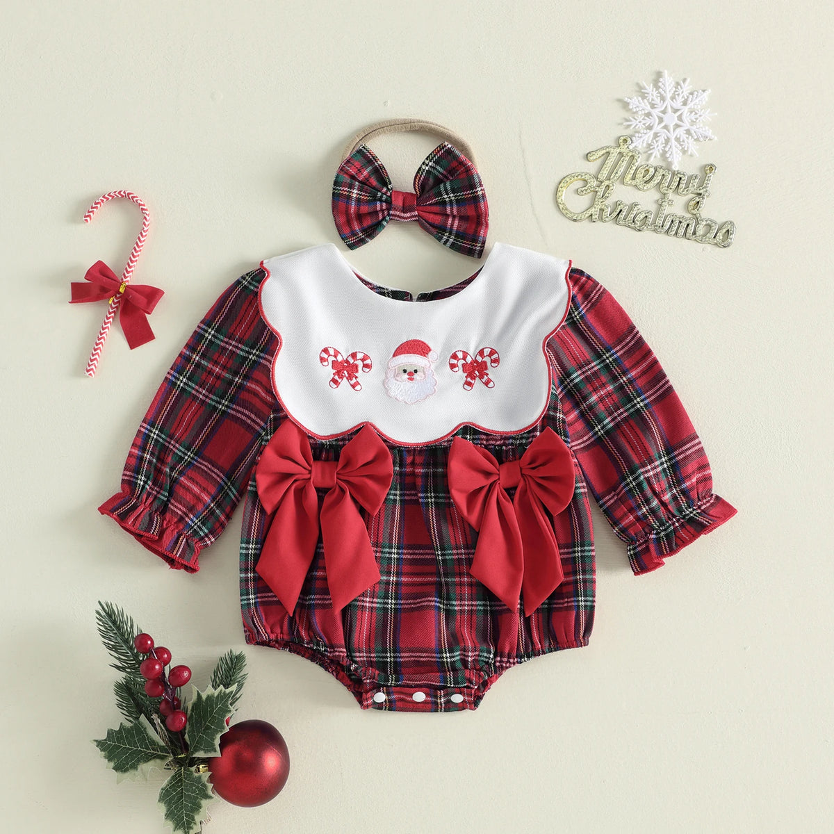 Baby Girls Christmas Romper and Headband Set Plaid