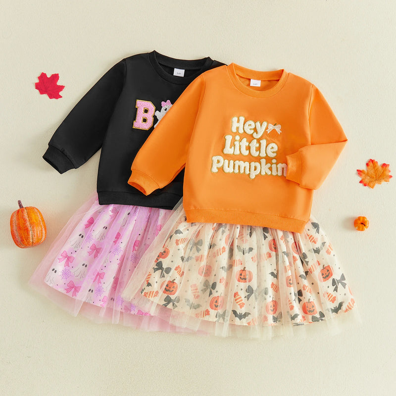 Toddler Kids Girls Halloween Sweatshirt and Tulle Skirt Set