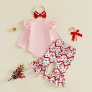 Baby Girls Christmas Romper and Flared Pants Set with Headband