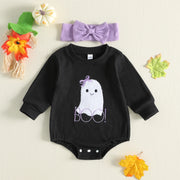 Baby Girls Halloween Romper and Headband Set Ghost Embroidery